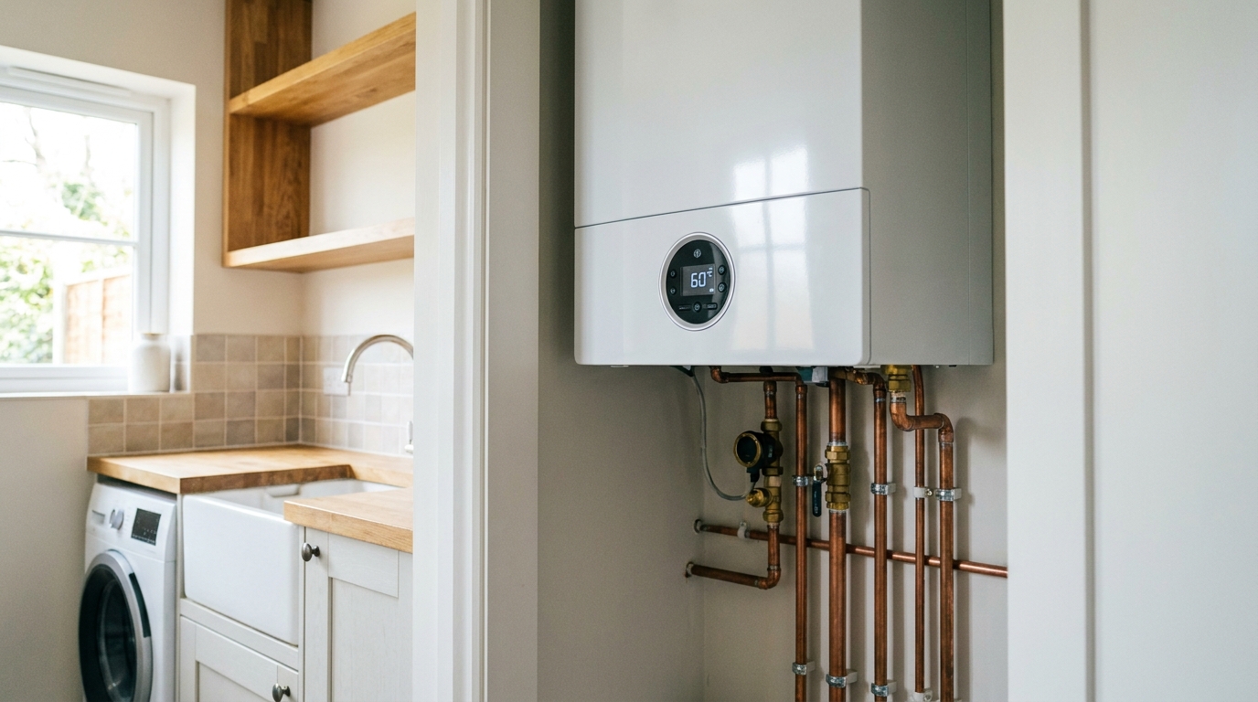 A kitchen fitter installing new units and a worktop in a UK home